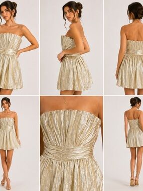 Strapless Shimmery Gold Pleated Mini Dress